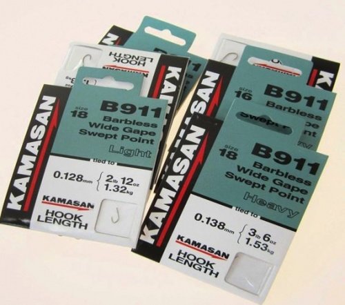 FTD - 30 KAMASAN B911 BARBLESS Wide Gape Swept Point Fishing Hooks to Nylon (3 packs of 10) - Available in HEAVY & LIGHT - Size 10, 12, 14, 16 & 18
