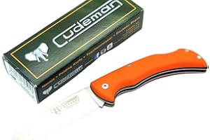 DON FILO Cudeman Navaja Athenea 345-J con hoja de acero Böhler N690-Co de 8 cm y empuñadura de G-10 Naranja con separador negro de 10,5 cm + portabotellas de regalo (Con Funda)