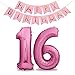 Produktbild XXL Folien-Luftballons 16 Pink + Happy Birthday Girlande | Riesen Zahlen-Luftballons | 40" 101CM | Perfekte Geburtstagsdeko Rosa | Fliegt mit Helium