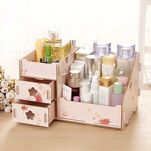 Skroad Wooden DIY Cosmetic Desktop Make Up Removable Collection Organizer, Jewellery Box Storage with Drawers,Spring Flowers
