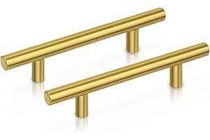 PinLin Carbinet Pulls Gold Stainless Steel Brushed Brass Wardrobe Pulls 96mm Hole Center T Bar Kitchen Cupboard Door Handles for Bedroom Bathroom Furniture Hardware 5 Pack