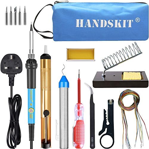 Soldering Iron Kit, 60W 220V Adjustable Temperature Soldering iron Gun Kit with 5 PCS Soldering Tips, Desoldering Pump, Soldering Iron Stand, Tin Wire Tube, Tweezers, Wire Stripper Cutter, Screwdriver, Electronic Wire