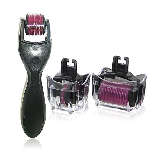 TOOGOO(R) 3-in-1 Derma Roller Kit (0.5mm/180 Needles, 1.0mm/600 Needles, 1.5mm/1200 Needles)- Best Skin Roller Kit for Body, Face, Acne Scars, Stretch Marks, Wrinkles, Eyes Pouches, Body, Hair Loss, Cellulite, Scalp and Beauty Enhancement - Interchangeable Roller Heads with High Surgical Grade Stainless Steel and Interchangeable Roller Head Technology - Black Handle & Purple Roller