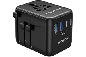 MOMAX Universal Travel Adapter,70W GaN Travel Plug Adapter with UK/EU/AU/US Plugs, 2AC, 3USB-C PD & 2USB-A QC International Adapter Charger, Adapter Plug for Laptops Tablets Phones