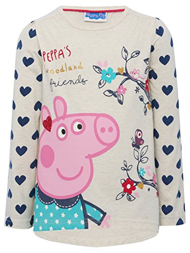 Peppa Pig Girls Cotton Blend Cream Long Sleeve Heart Print Character Print Slogan Dip Back Top Cream 3/4 Yr