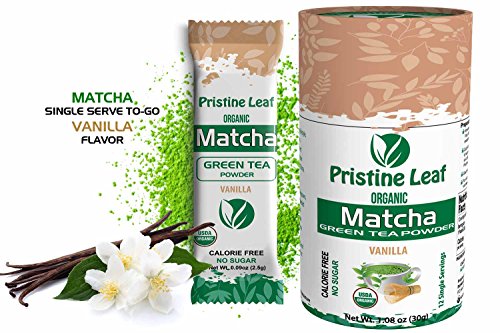 Pristine Leaf | Organic Matcha Green Tea Powder | Vanilla Flavored | 12 Single Serving Packs of 2.5g | Pure Natural | No Sugar | No Fillers | Calorie Free | Vegan | Gluten Free | USDA Organic