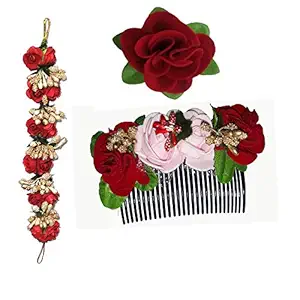 GadinFashion Combo of 3 Red Hair Styling Hair Accessories - Hair Gajra, Hair Flower Pin and Hair Gajra Comb for Women/Girls