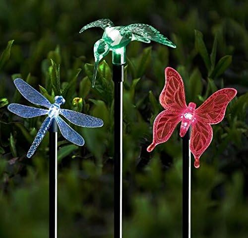 Solar Stake Lights Outdoor Garden 3-Pack Color Chaning LED Lights with Clear Butterfly Dragonfly Hummingbird Stake Mixed for Outdoor Garden Pathway Lawn Yard Decoration (Stake Lights)