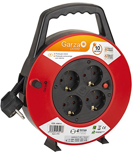 Garza Power - Enrollacables Doméstico de 10 metros con asa , 4 tomas Schuko