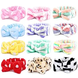 12pcs Spa Headbands, Coral Fleece Makeup Headband Cosmetic Headband, Lovely Face Washing Headband Shower Headbands Headwraps, Soft Bowknot Spa Hair Band Spa Birthday Party Supplies for Girls Women