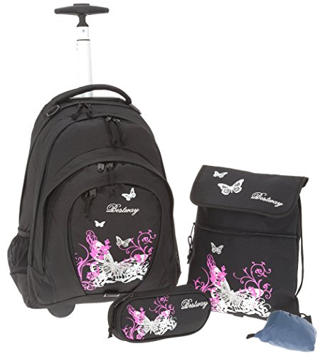 Preisvergleich Produktbild BESTWAY Trolley Rucksack SET SCHULTROLLEY BESTWAY ROLLIN Schultrolly Set Rucksacktrolley + Sportbeutel + Mäppchen + Regenschutz (0100 BUTTERFLY Balck)