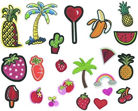 JZF 22 pcs Embroidered Patch Fabric Iron-on or Sew-on Patches Badges - Mixed Watermelon Cherry Pineapple Cactus Ice Cream Fruit Milk Banana Cocktail Cactus Shaped