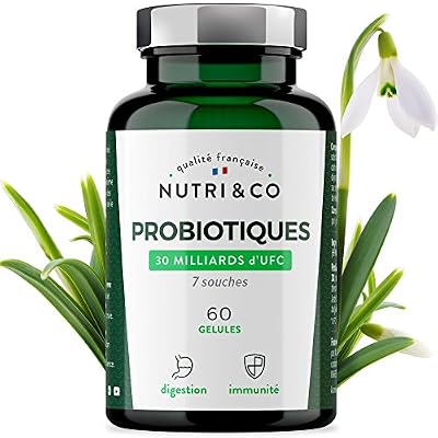 NUTRI & CO Probiotiques 30 Milliards d' UFC par Dose (2/j) • 7 Souches Bactériennes Humaines • 60 Gélules Végétales Gastro-Résistantes • Bactéries Garanties Vivantes • Fabriqué en France par Nutri&Co ®