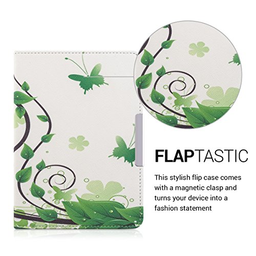 kwmobile Hülle für Tolino Shine 2 HD – Flipcover Case eReader Schutzhülle – Bookstyle Klapphülle Schmetterlinge Blätter Design Grün Weiß - 2