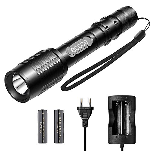 Ecooe Taschenlampe LED Cree XML-2 T6 mit Batterie und Ladegerät Weihnachtsgeschenk