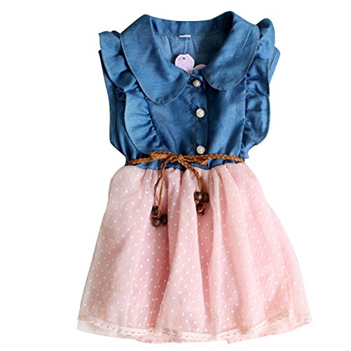 KKia Baby Girls Sleeveless Pleated Polka Dot Panelled Lace Jeans Belt Dress Pink 12-18 Months