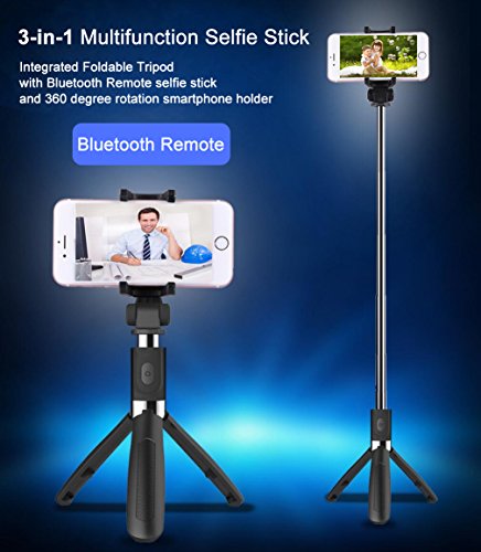 Zeadio 3-in-1 multifunzione mini integrato treppiede pieghevole, tascabile, selfie stick con telecomando bluetooth per selfie stick allungabile e rotazione di 360 gradi smartphone Holder