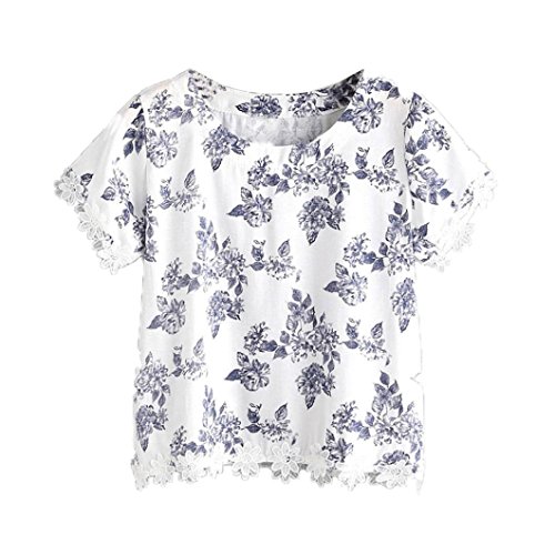 Damen Bluse Internet Gestickte Kurzarm Blumendruck Bluse (L, Weiß)