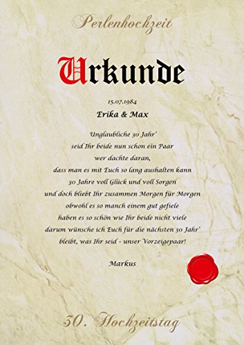 Perlenhochzeit Urkunde persönliche Geschenk Karte zum 30. Hochzeitstag Pergament div. A4 Papier Motive - 4