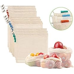 NEWSTYLE Sacs Réutilisables à Fruits et Légumes,Sac de Provisions en Coton Lot de 10 Sacs à Grille,Résistant, Lavable, Double Piqué avec étiquette de Poids de Tare, Léger (3*S, 4*M, 3*L)