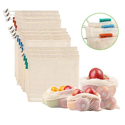 NEWSTYLE Sacs Réutilisables à Fruits et Légumes,Sac de Provisions en Coton Lot de 10 Sacs à Grille,Résistant, Lavable, Double Piqué avec étiquette de Poids de Tare, Léger (3*S, 4*M, 3*L)