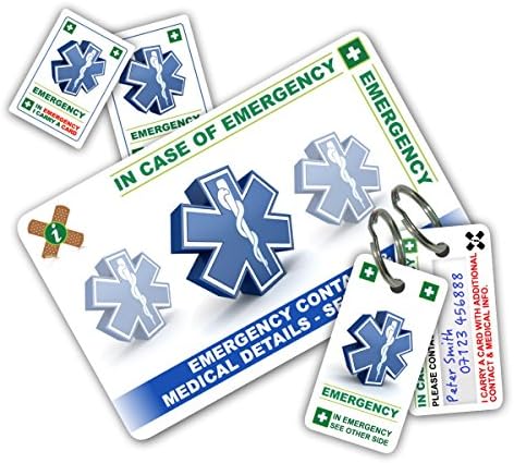 STANDARD Health and Safety In Case of Emergency (I.C.E.) Card Pack with Key Rings &amp; Stickers from ICEcard **NEW Design 2017**. Wallet size card with WRITABLE surfaces. Family, Doctor, Emergency Contact &amp; Medical / Medication / Health Supplement Information. Health &amp; Wellbeing Tool. Provide A&amp;E Accident and Emergency and First Responders with information. Suitable to help anyone with Acute Medical Conditions or General Health Care Concerns.