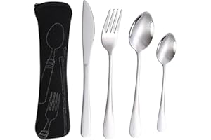 COEAYO Cutlery Set with Portable Pouch Case - 5pcs Reusable Flatware Sets Knife, Fork, Spoon, Chopsticks for Outdoor Travel Picnic Office School Lunch Box