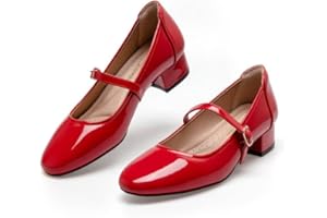 Hingswink Mary Jane Shoes - White Dressy Low Heel 2 Inch Chunky Heel Pumps with Adjustable Ankle Strap