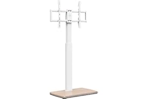 FITUEYES Biały stojak podłogowy pod telewizor z drewnianą podstawą 20 mm do telewizora 32-70 cali, wysoki stojak na telewizor z obrotem 60° i 6 regulacją wysokości, narożny, smukły stojak na telewizor