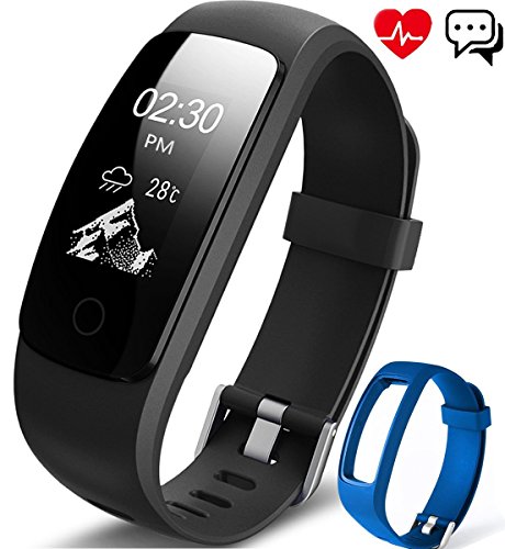 Preisvergleich Produktbild Fitness Armband, Aneken Fitness tracker mit Herzfrequenz, Schrittzähler Aktivitätstracker Pulsmesser Bluetooth Smart ArmbandUhr Schlafmonitor Wasserdicht Kalorienzähler Vibrationsalarm Anruf SMS Beachten kompatibel mit Android / iOS Schwarz Blau