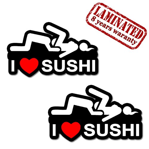 2 x Adesivi Divertente Vinile Funny Stickers I Love Sushi Per Auto Moto Casco Scooter Bici Motociclo Tuning B 90