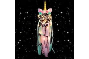 CHMMY Atrapasueños de Unicornio Luz LED,Decoración Romántica,Atrapasueños de Plumas Hechas a Mano,Dream Catcher Decoración para Colgar en la Pared,Dormitorio,Regalo de Cumpleaños (Dreamcatcher-3)