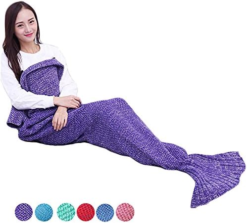 AIDUE Mermaid Blankets,Adult Mermaid Tail Blanket Women Handmade Crochet Sofa Quilt Bed Throw Nap Sleeping Bag Fleece Blanket 180cmX90cm(70.8"x35.4")-Purple