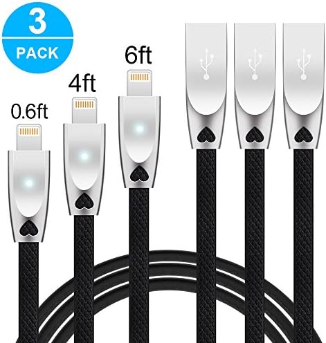 Lightning Cable with Led Light, Sokuci iPhone Charger 3 Pack 0.6FT 4FT 6FT Apple High Speed Charging Data Sync USB Cable Fast Long Cord for iPhone X 8 Plus 7 Plus 6s 6 5s 5c 5 SE, iPad iPod - Black