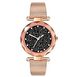 Altsommer Damen Uhren mit Edelstahl Mesh Armband, Damen Herren Uhr mit Stern Muster Schwarz Zifferblatt,Luxus Business Edelstahl Chronograph Gold Zifferblatt Quartz Analog Uhren (Rose Gold)