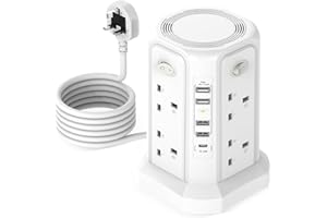 ANDIZUN 13 IN 1 Tower Extension Lead 3M, 4 USB +1C Slot Extension Lead Surge Protected 8 Way Outlets, 3250W Extension Cords Overload Protection, Power Extension Tower for PC/Phone/Laptop/Speaker/TV