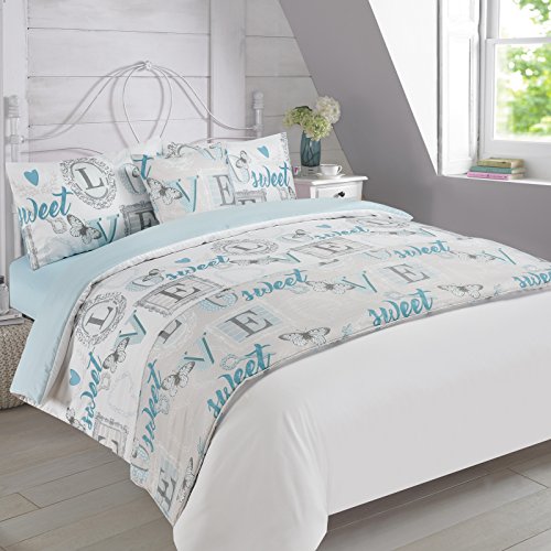 Dreamscene Complete Duvet Cover with Pillowcase Bedding Set Runner Sheet Sweet Love, Teal - King