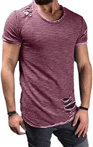 INCERUN Men's Crew Neck Muscle Short Sleeve Ripped Hole Casual T-Shirt Tee Tops Purple 2XL