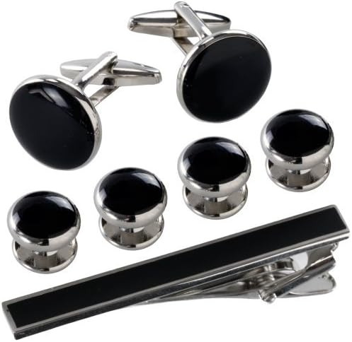 Cufflinks and Studs for Tuxedo - Formal Black and Silver Tone Metal &amp; Tie Clip with Presentation Box