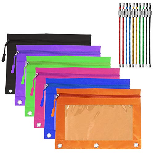 Yucool Lot de 6 Fermeture Éclair Trousse à crayons à anneaux avec 6 fermetures Éclair, 3 trous de Rivet Enforced Trousse avec fenêtre transparente en PVC, Lot de 10 Fils Porte-clés (Multicolor)