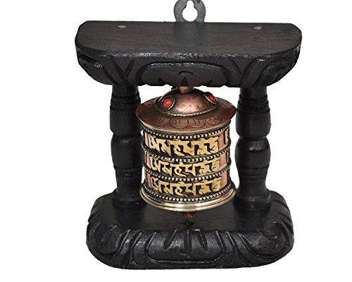 Tibetano Mano Craving madera y metal para colgar de pared OM MANI PADME HUM Prayer Wheel