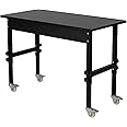 TANGZON 10-Level Height Adjustable Workbench, Heavy Duty Metal Frame Wide Bamboo Top Rolling Garage Work Bench with 4 Lockable Universal Wheels, Indoor Outdoor Large Workstation (Black)