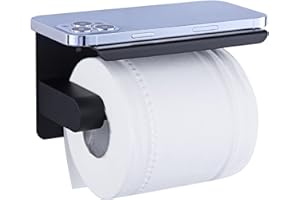 YUET Uchwyt na papier toaletowy z półką do przechowywania, stal nierdzewna SUS304, przykręcany lub samoprzylepny, uchwyt na papier toaletowy do łazienki, czarny matowy