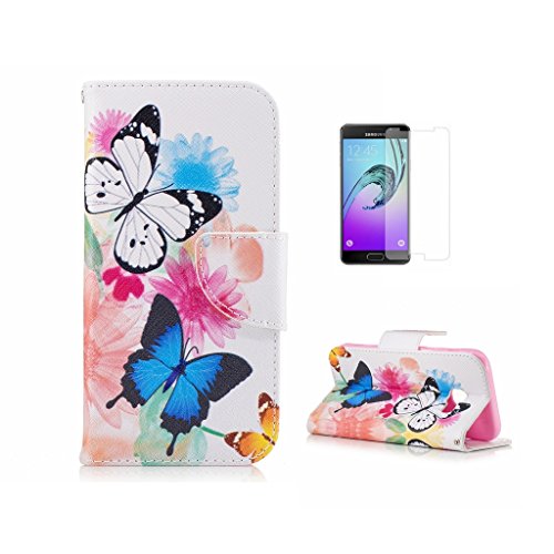 For Samsung Galaxy A3 2017 Case [With Tempered Glass Screen Protector],Fatcatparadise(TM) Anti Scratch Flip Soft Silicone Back Cover Case ,Colorful Cute Pattern Design Flip Magnetic Premium PU Leather Credit Card Folio Holder Wallet Case For Samsung Galaxy A3 2017 (Colourful butterfly)