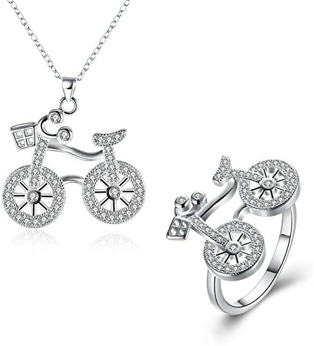 Women Crystal Bike Hollow Out Pendant Necklace Silver Plated Ring Wedding Party Jewelry Set Body Chain