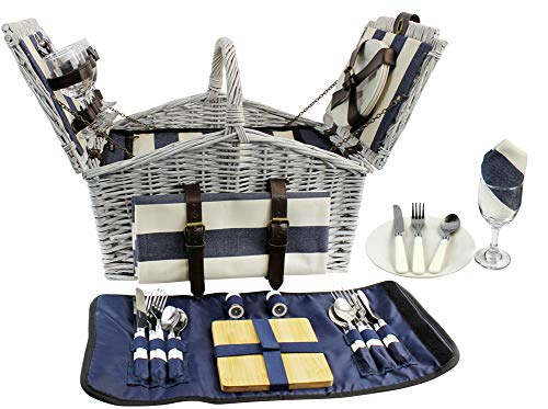 HappyPicnic - Cesto da picnic in salice, per 4 persone, con doppio coperchio e scomparto termico integrato, cestino da picnic in vimini con fodera in tela blu navy a strisce(blu marino)