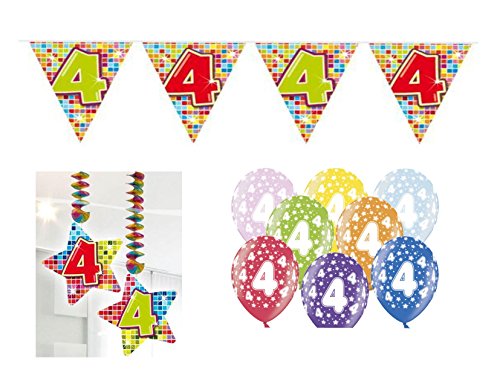 Partydeko Set 4.Geburtstag Kindergeburtstag 9 teilig Mädchen Junge Girlande Luftballon