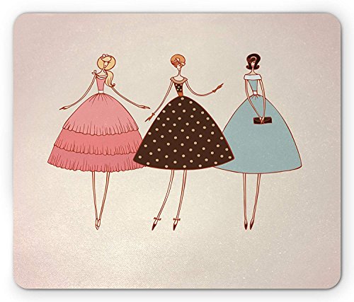 Fashion Mouse Pad, Artistic Doodle of Three Old-Fashion Girls Wearing Romantic Retro Dresses Image, Standard Size Rectangle Non-Slip Rubber Mousepad, Multicolor 9.8 X 11.8 INCH