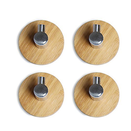 Acxeon 4 Stück Adhesive Haken mit 3M Haftmittel bis zu 3 Kg Tragkraft, aus SUS304 Edelstahl und Bambus für Badezimmer Handtuchhaken, Wandhaken Kleiderbügel für Home Küche Mäntel Hüte Schlüssel (4 Stück)
