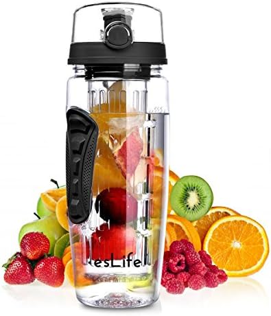 esLife Fruit Infuser Water Bottle with Long Infuser Rod, 900ml/32oz BPA-Free Tritan Plastic non-toxic Food Grade Bottle-100% Leak Proof Shatter-Suitable for Outdoors, Camping Or Other Occasions (Black)